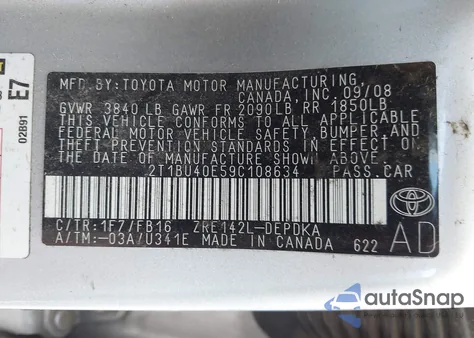 2009 Toyota Corolla Le из США, поврежденный, VIN 2T1BU40E59C108634